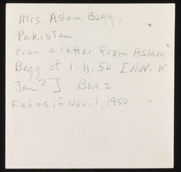 Mrs. Aslam Begg, Pakistan from a letter from Aslam Begg, copy 3, verso