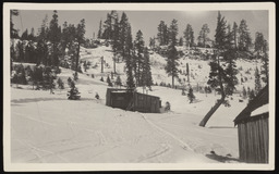 Cabin in snowy field