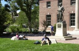 Students on campus, John Mackay Statue and Mackay School of Mines Building, 2000