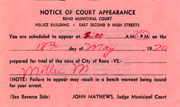 Notice of court appearance regarding Maya Miller, May 18, 1970