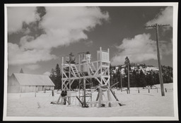 Snow monitoring station with worker and barn, copy 1