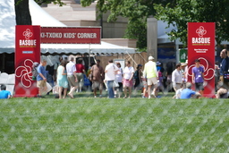 Festival tents, stations and signage, near view