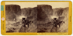 First construction train passing the Palisades, Ten Mile Canyon