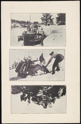 Mount Rose cabin cruiser docked at snowy bank, copy 2; Taking instrument shelter to summit of Mount Rose, copy 3; Arrival of first pack train at Mount Rose Observatory, copy 2