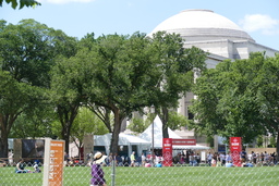 Festival tents, stations and signage, wide view