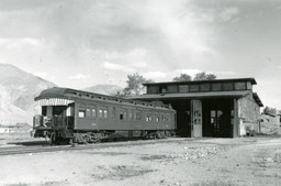Beebe and Clegg's "Gold Coast" private railcar at the Mina engine house (1950)