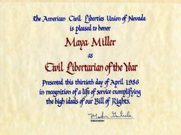 Civil Libertarian of the Year award, April 13, 1986