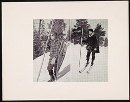 Two frames: workers with skis, poles, and snowshoes