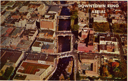 Aerial of Reno, Truckee River dividing downtown section