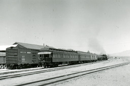 Beebe and Clegg's "Gold Coast" private railcar attached to the rear of a Southern Pacific train at Mina (1950)
