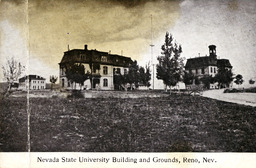 Orr Ditch, Chemistry Building, Hatch Hall, Stewart Hall, and Morrill Hall postcard (black and white), ca. 1907