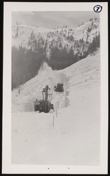 Multiple snow plows removing snow from roadway, blowing snow
