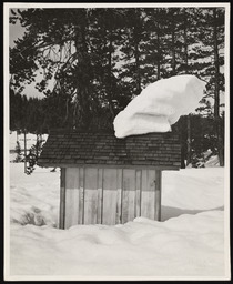 Soda Springs Station shed with snow cornice, side view, copy 2