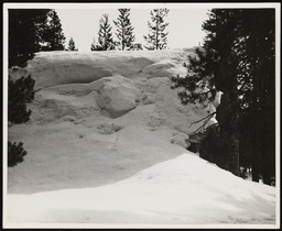 Large cornice of snow on roof at Soda Springs Station, copy 5