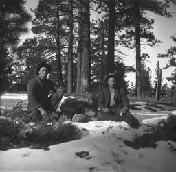 Men sitting in forest