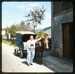 Man standing next to horse pulling a cart