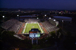 Aerial view of Mackay Stadium at night, 2003