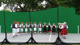 Oinkari dancers in a line with hoops