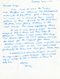 Handwritten letter by Nancy Raven to Maya Miller, May, 1970
