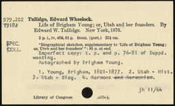 Catalog card for book by Edward Wheelock Tullidge