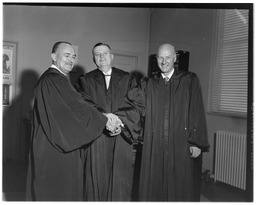 Swearing in ceremony, Federal Judge John R. Ross, Chief Justice Richard H. Chambers, and Justice Charles Merrill, 1