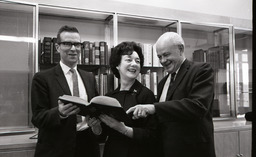 Noble H. Getchell Library, Library Director David Heron, Virginia Shilling, and Prof. Charlton Laird, ca. 1962