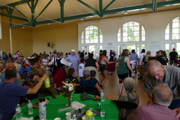 Basque dancers and attendees dancing at 2021 Reno Basque Festival, wide view