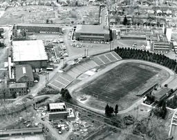 Aerial view of the Mackay Stadium (historic), ca. 1960