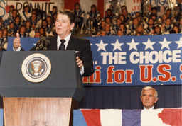 Photograph of Ronald Reagan speaking at Santini's campaign rally, Circa 1986