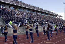 Football game cheer team and marching band, Mackay Stadium, 2005