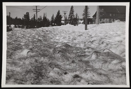 Ripple marks on sand covered snow with building in background, copy 3