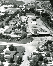 Aerial view of the Fleischmann Agriculture Building construction, ca. 1960