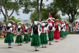 Young dancers in lines with hoops at 2021 Basque Festival in Elko