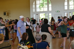 Basque dancers and attendees dancing at 2021 Reno Basque Festival, near view