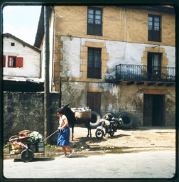 Woman pushing cart in front of old building