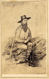 Sketch of a man sitting on a wood pile