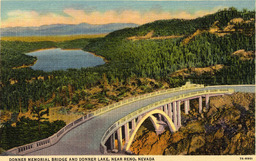 Color postcard of Donner Memorial Bridge and Donner Lake, California, circa 1940s