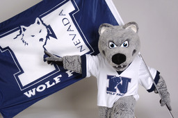 Wolfie with a Wolf Pack flag, 2004