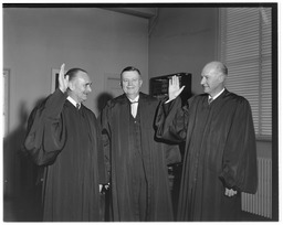 Swearing in ceremony, Federal Judge John R. Ross, Chief Justice Richard H. Chambers, and Justice Charles Merrill, 2