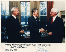 Photograph of Paul Laxalt, Ronald Reagan, and Jim Santini, June 1986