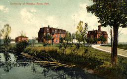 Orr Ditch, Chemistry Building, Hatch Hall, Stewart Hall, and Morrill Hall postcard (color), ca. 1907