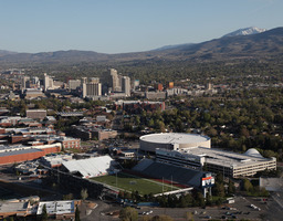 Aerial view of Lawlor Events Center and downtown Reno, 2009