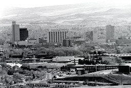 Aerial view of campus and downtown Reno, ca. 1977