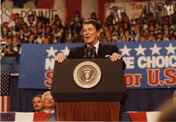 Photograph of Ronald Reagan speaking at a rally, Circa 1986