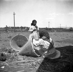 Paiute woman making baskets