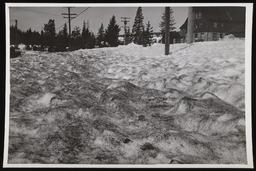 Ripple marks on sand covered snow with building in background, copy 2