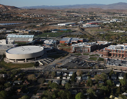 Aerial view of the Lawlor Events Center and the Joe Crowley Student Union, 2009