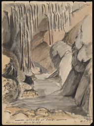 Sketchbook 2, page 23, "Interior of cave" In ink: "First explored March 21, 1879"