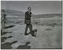 Peavine Damsite dedication, Alan Bible turning the first symbolic shovel of dirt