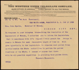Typed telegram to John Sparks from Theodore Roosevelt